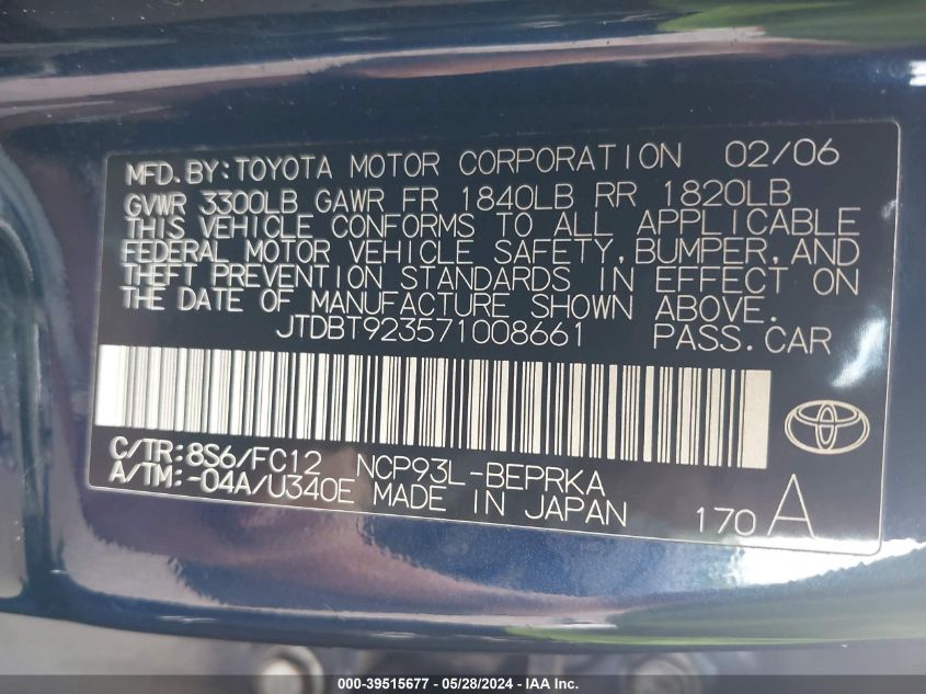 JTDBT923571008661 2007 Toyota Yaris