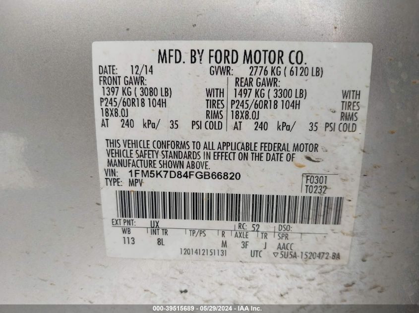 2015 Ford Explorer Xlt VIN: 1FM5K7D84FGB66820 Lot: 39515689