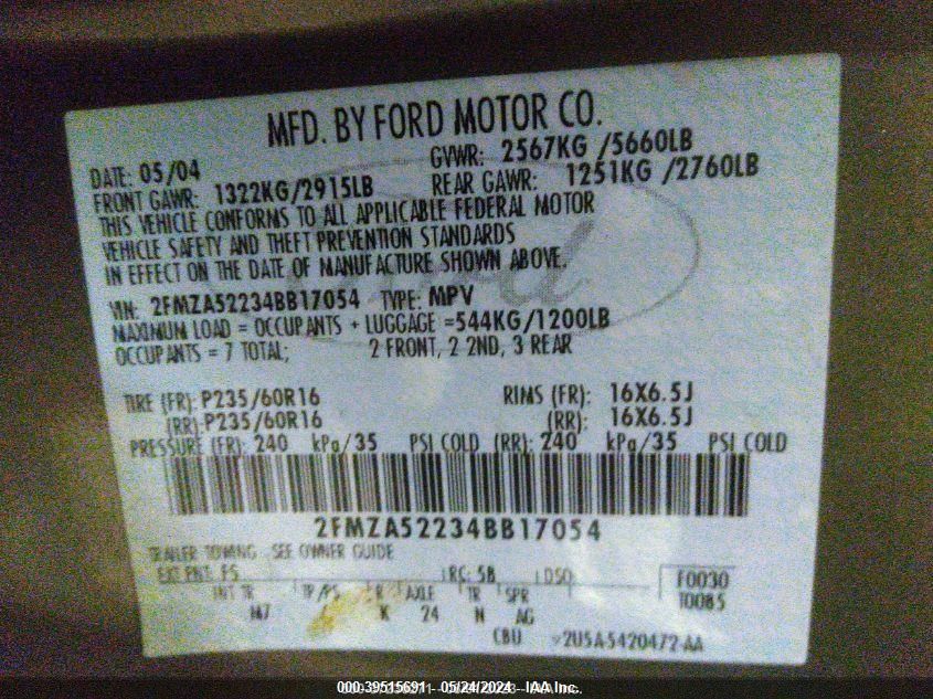 2004 Ford Freestar Sel VIN: 2FMZA52234BB17054 Lot: 39515691