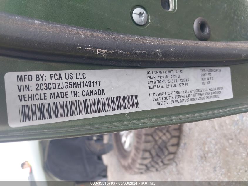 2022 Dodge Challenger Gt VIN: 2C3CDZJG5NH140117 Lot: 39515703