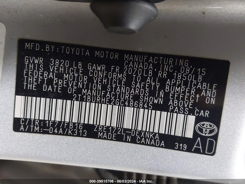 2016 Toyota Corolla Le VIN: 2T1BURHE2GC486845 Lot: 39515706