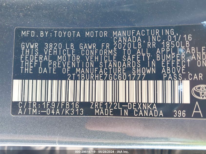 2016 Toyota Corolla Le VIN: 2T1BURHE7GC601777 Lot: 39515719