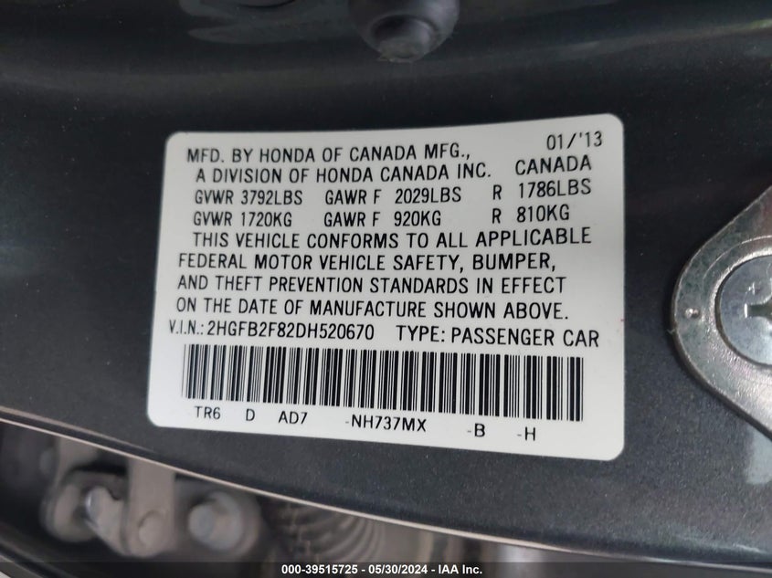 2013 Honda Civic Ex VIN: 2HGFB2F82DH520670 Lot: 39515725