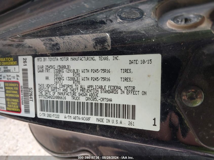 2016 Toyota Tacoma Sr5 V6 VIN: 5TFSZ5AN2GX006616 Lot: 39515735