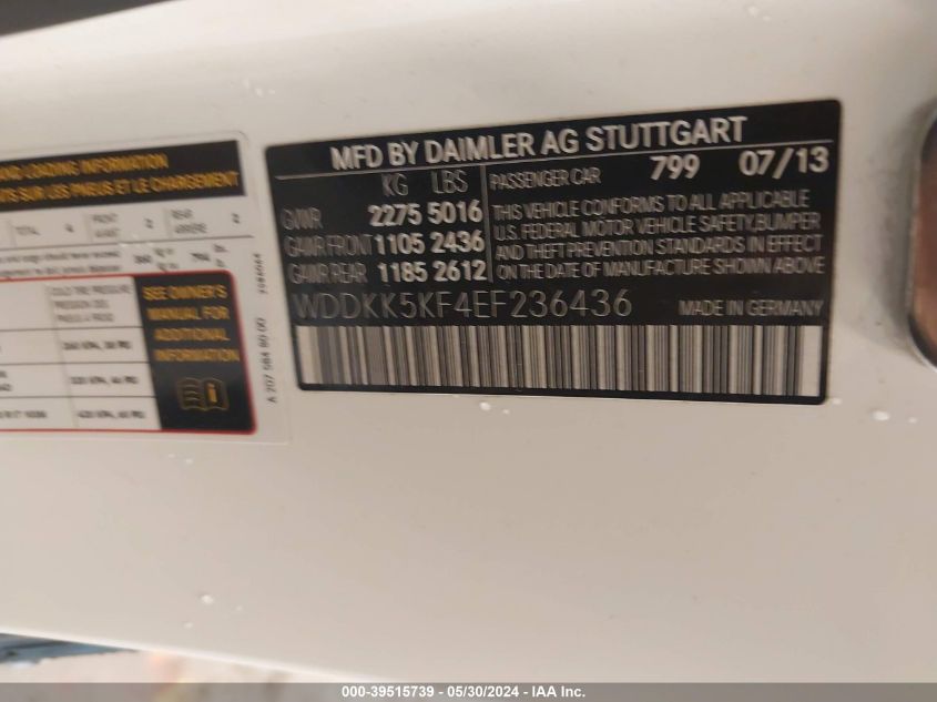 2014 Mercedes-Benz E 350 VIN: WDDKK5KF4EF236436 Lot: 39515739