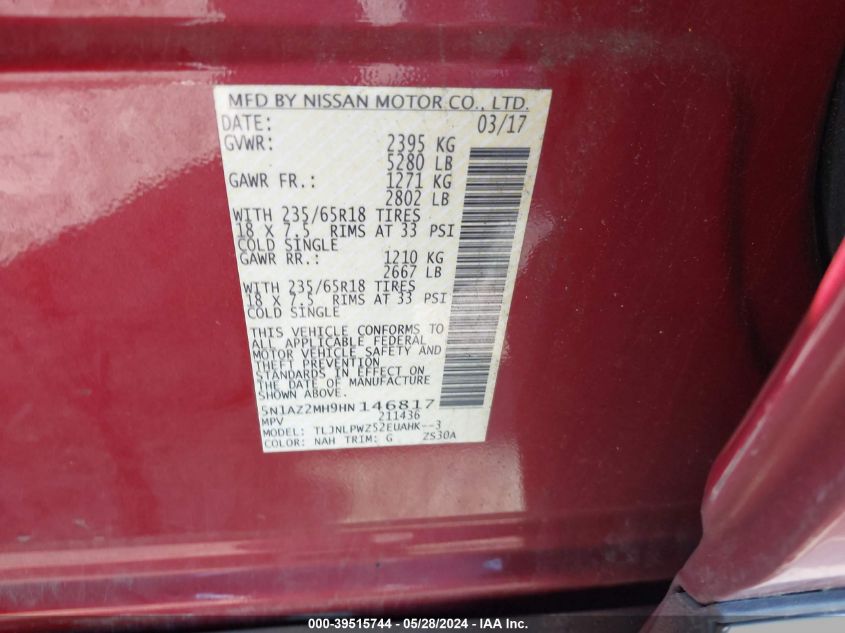 2017 Nissan Murano S VIN: 5N1AZ2MH9HN146817 Lot: 39515744