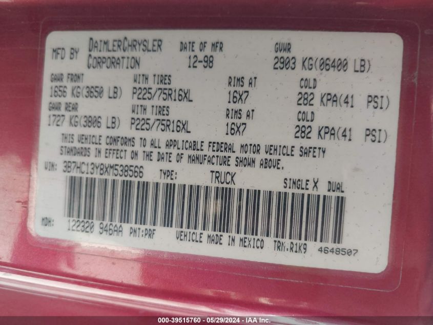 1999 Dodge Ram 1500 St VIN: 3B7HC13Y8XM538566 Lot: 39515760