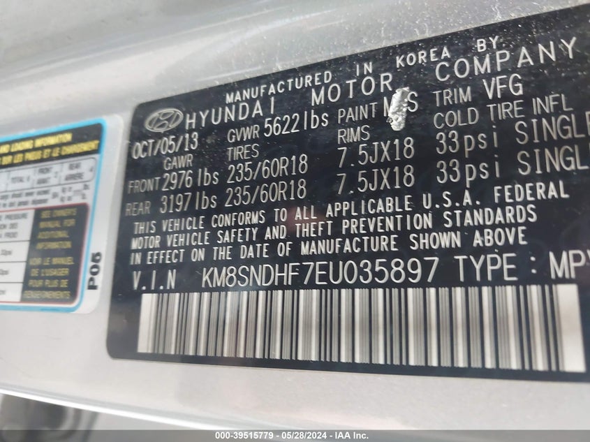 2014 Hyundai Santa Fe Limited VIN: KM8SNDHF7EU035897 Lot: 39515779