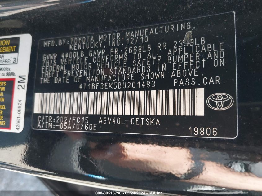 4T1BF3EK5BU201483 | 2011 TOYOTA CAMRY