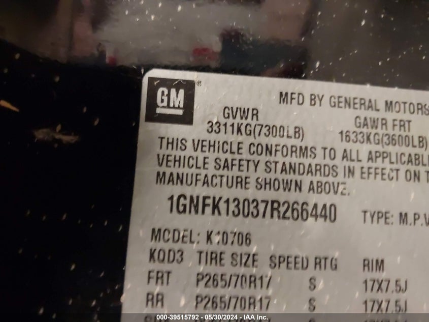 2007 Chevrolet Tahoe Lt VIN: 1GNFK13037R266440 Lot: 39515792