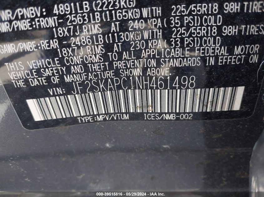 2022 Subaru Forester Limited VIN: JF2SKAPC1NH461498 Lot: 39515816