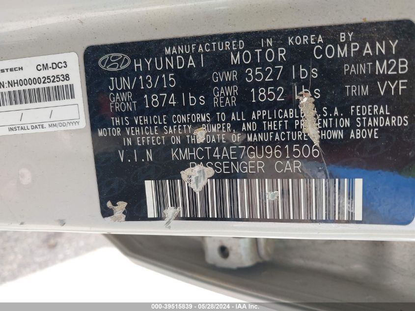 2016 Hyundai Accent Se VIN: KMHCT4AE7GU961506 Lot: 39515839