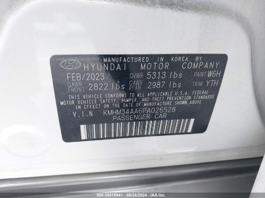 2023 Hyundai Ioniq 6 Sel VIN: KMHM34AA6PA026528 Lot: 39515841