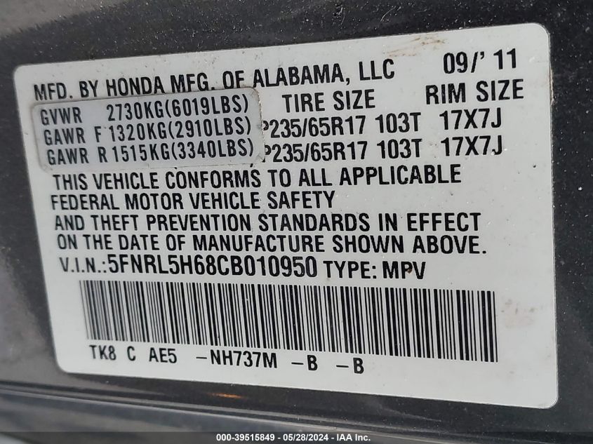 2012 Honda Odyssey Ex-L VIN: 5FNRL5H68CB010950 Lot: 39515849