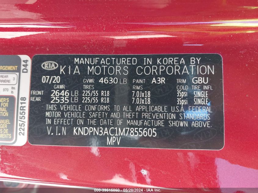 2021 Kia Sportage Ex VIN: KNDPN3AC1M7855605 Lot: 39515860