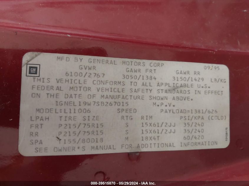 1995 Chevrolet Astro VIN: 1GNEL19W7SB267015 Lot: 39515870