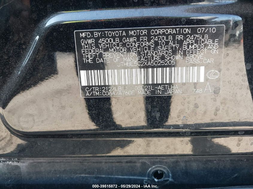 2010 Lexus Is 350 VIN: JTHBE5C2XA5025205 Lot: 39515872
