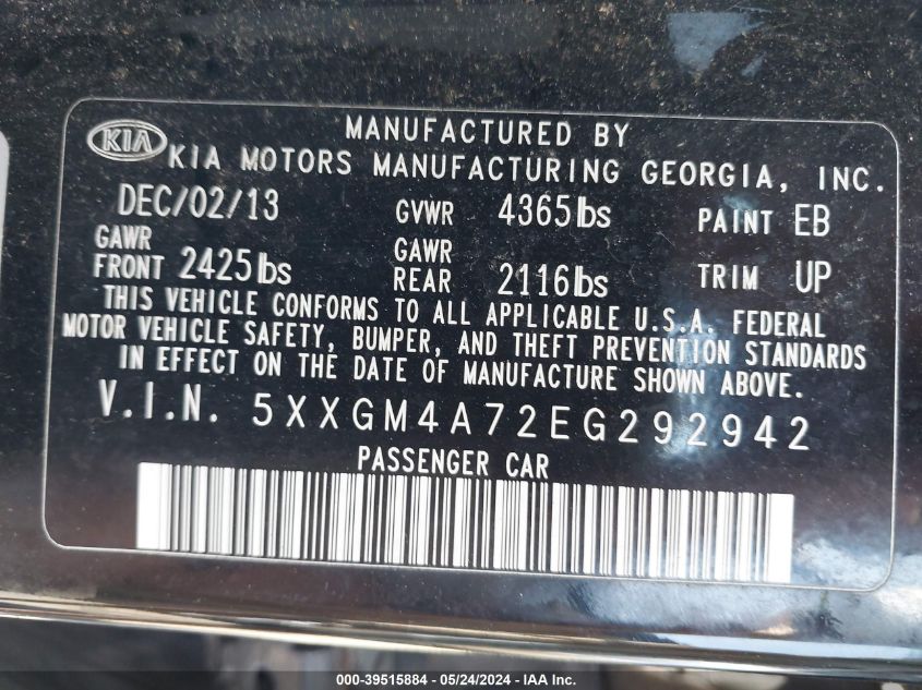 2014 Kia Optima Lx VIN: 5XXGM4A72EG292942 Lot: 39515884