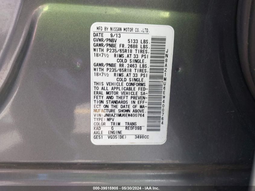 2014 Nissan Murano S VIN: JN8AZ1MU6EW400764 Lot: 39515905