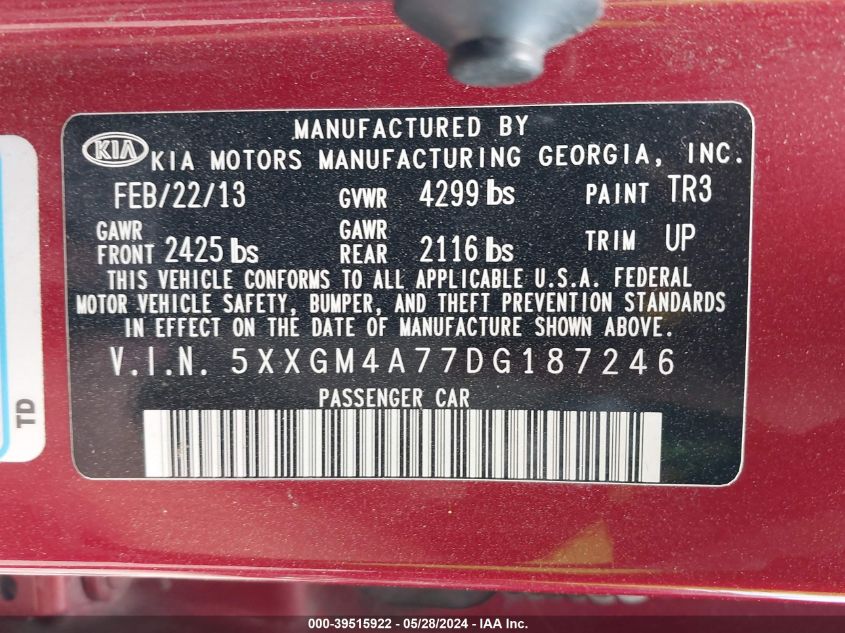 2013 Kia Optima Lx VIN: 5XXGM4A77DG187246 Lot: 39515922