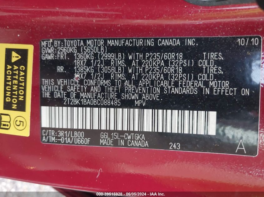 2011 Lexus Rx 350 VIN: 2T2BK1BA0BC088485 Lot: 39515928