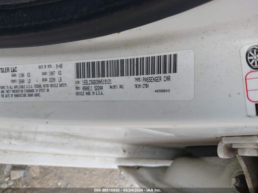 2009 Dodge Avenger R/T VIN: 1B3LC56B39N519121 Lot: 39515930