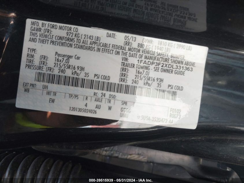 2013 Ford Focus Se VIN: 1FADP3F2XDL331363 Lot: 39515939