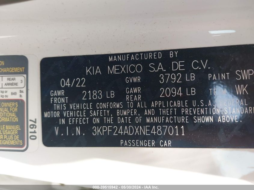 2022 Kia Forte Lxs VIN: 3KPF24ADXNE487011 Lot: 39515942