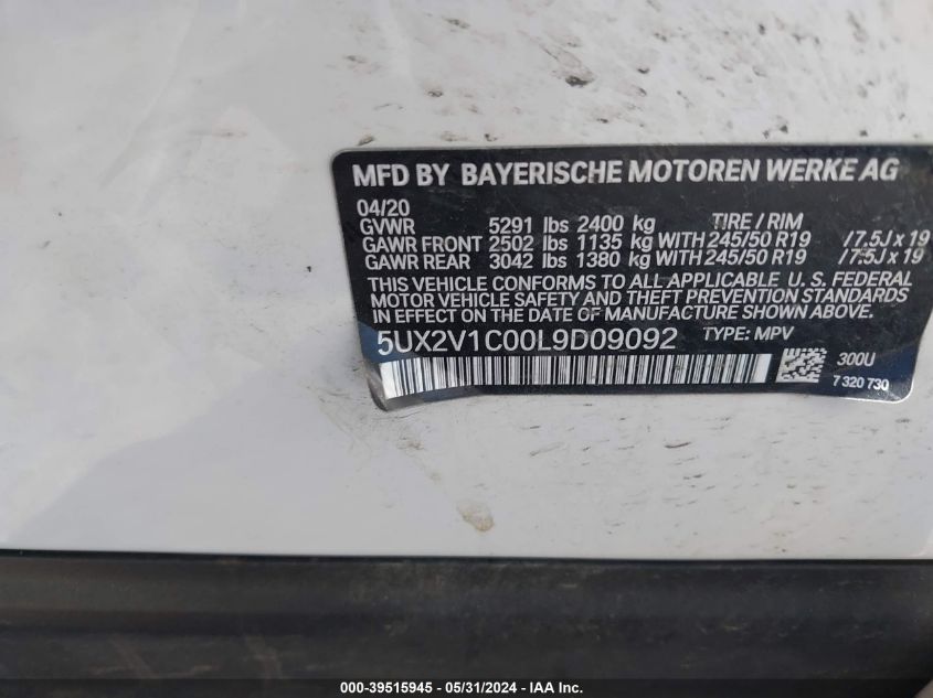 2020 BMW X4 xDrive30I VIN: 5UX2V1C00L9D09092 Lot: 39515945