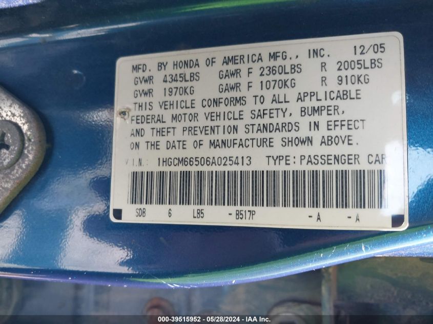 2006 Honda Accord 3.0 Ex VIN: 1HGCM66506A025413 Lot: 39515952