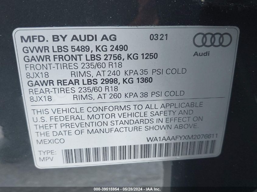 2021 Audi Q5 Premium 45 Tfsi Quattro S Tronic VIN: WA1AAAFYXM2076611 Lot: 39515954