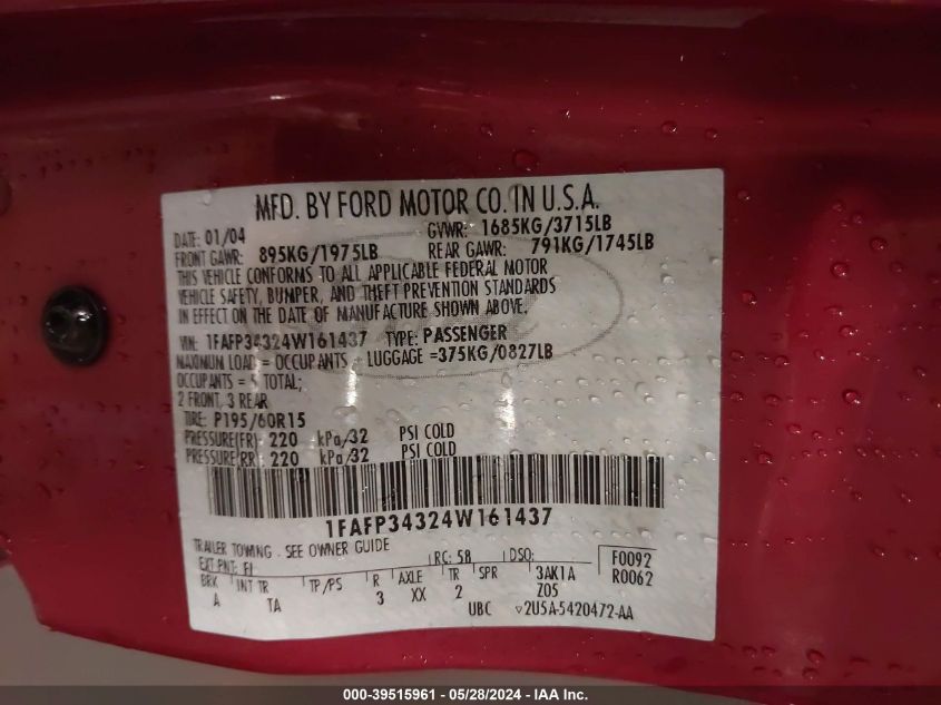 2004 Ford Focus Se VIN: 1FAFP34324W161437 Lot: 39515961