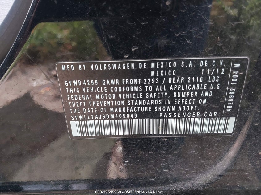 2013 Volkswagen Jetta 2.0L Tdi VIN: 3VWLL7AJ9DM405049 Lot: 39515969
