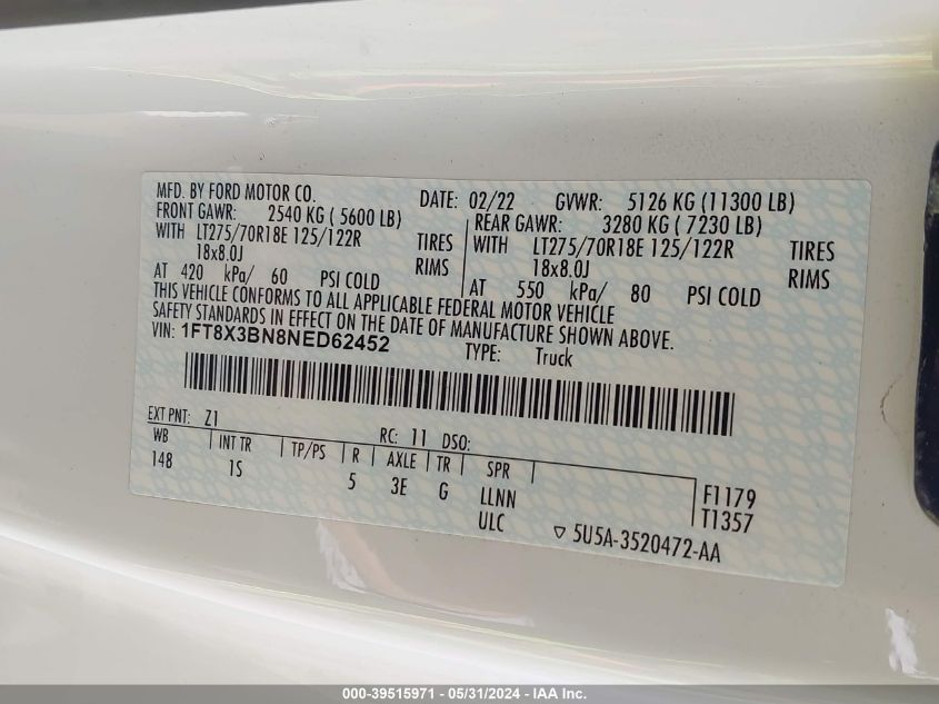 2022 Ford F-350 Xl VIN: 1FT8X3BN8NED62452 Lot: 39515971