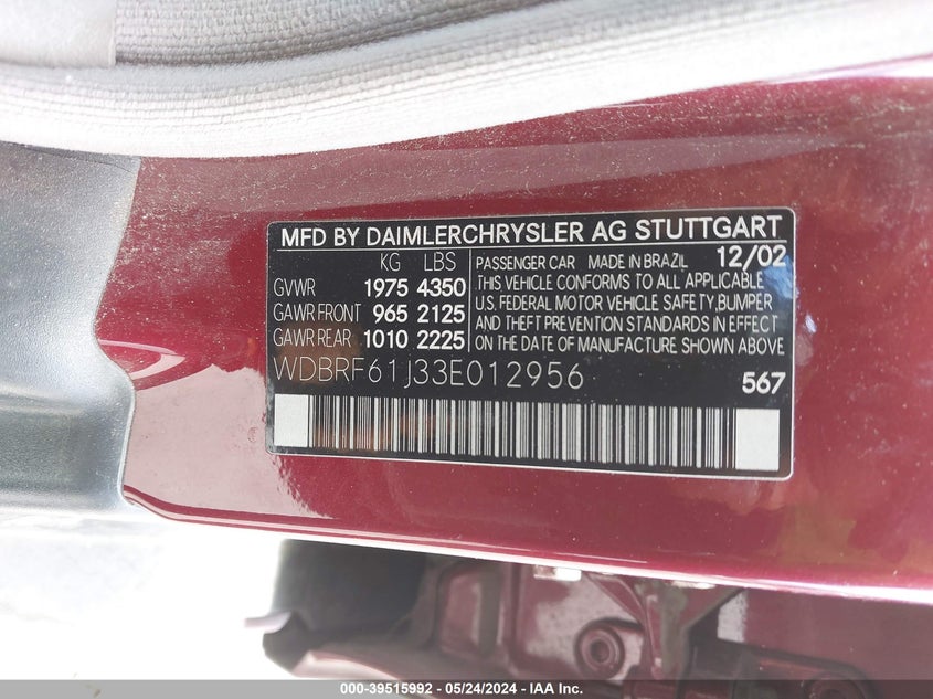 2003 Mercedes-Benz C 240 VIN: WDBRF61J33E012956 Lot: 39515992