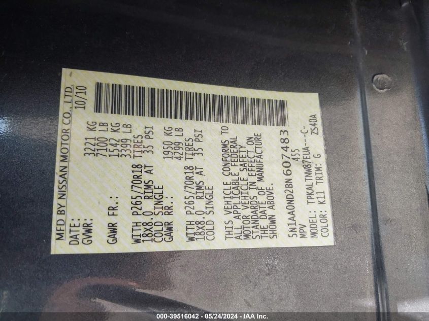 2011 Nissan Armada Sv VIN: 5N1AA0ND2BN607483 Lot: 39516042