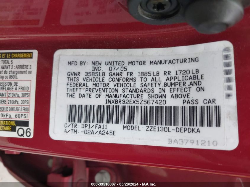 2005 Toyota Corolla Ce VIN: 1NXBR32EX5Z567420 Lot: 39516087