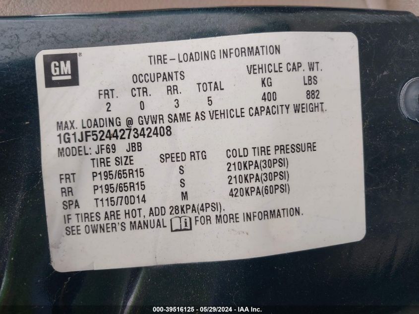 2002 Chevrolet Cavalier Ls VIN: 1G1JF524427342408 Lot: 39516125