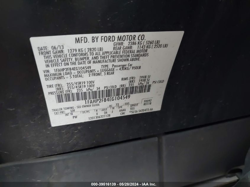 2014 Ford Taurus Limited VIN: 1FAHP2F84EG104549 Lot: 39516139