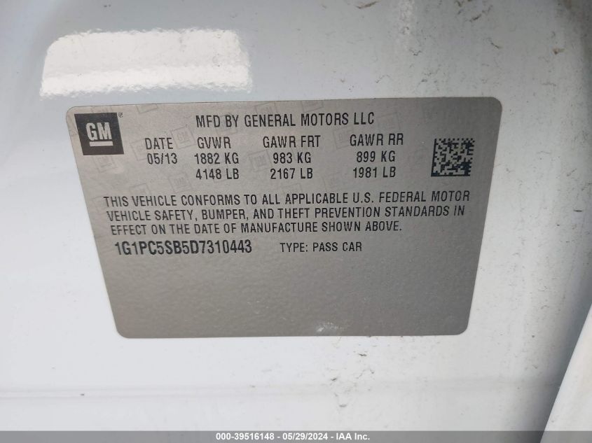 2013 Chevrolet Cruze 1Lt Auto VIN: 1G1PC5SB5D7310443 Lot: 39516148