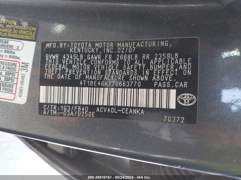 2007 Toyota Camry Le VIN: 4T1BE46K77U663770 Lot: 39516161