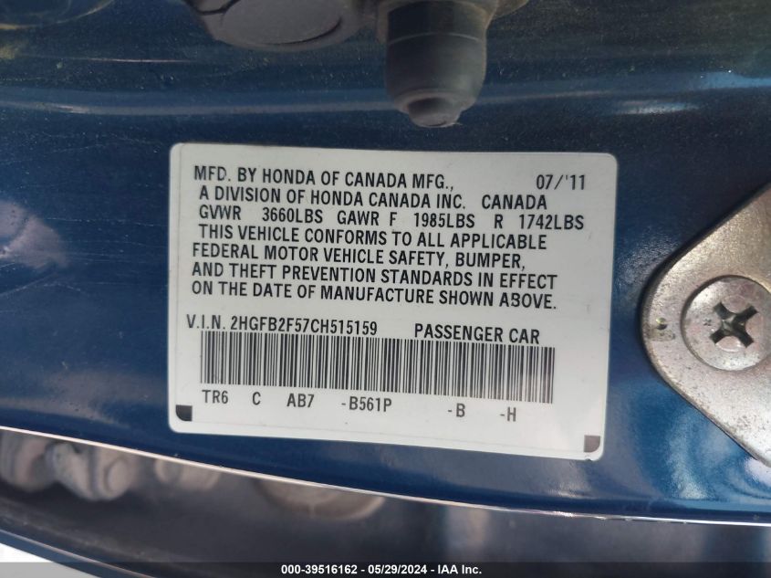 2012 Honda Civic Lx VIN: 2HGFB2F57CH515159 Lot: 39516162