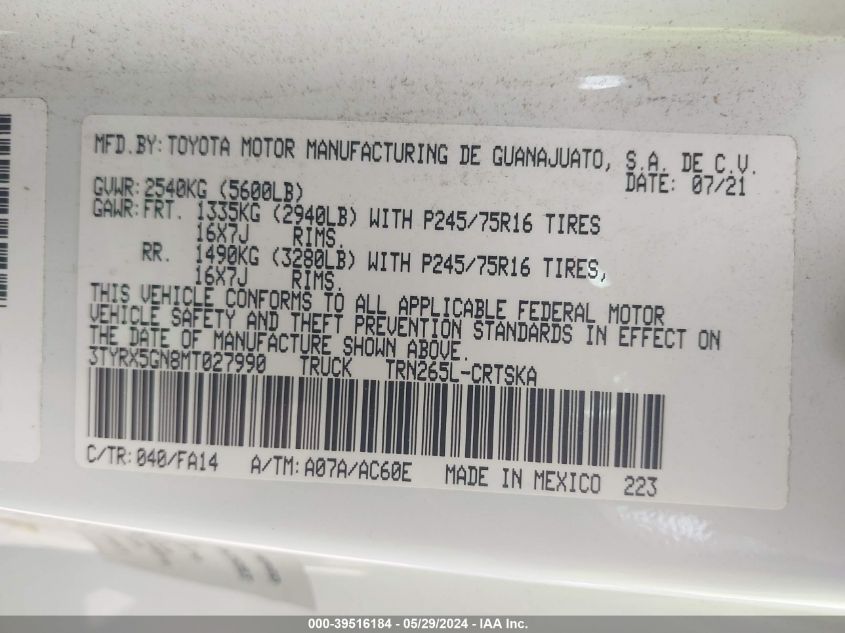 2021 Toyota Tacoma Sr VIN: 3TYRX5GN8MT027990 Lot: 39516184