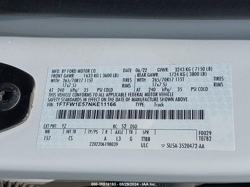 2022 Ford F-150 Xl VIN: 1FTFW1E57NKE11166 Lot: 39516183