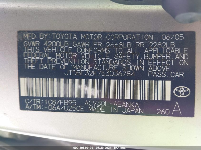 2005 Toyota Camry Std VIN: JTDBE32K753036784 Lot: 39516196