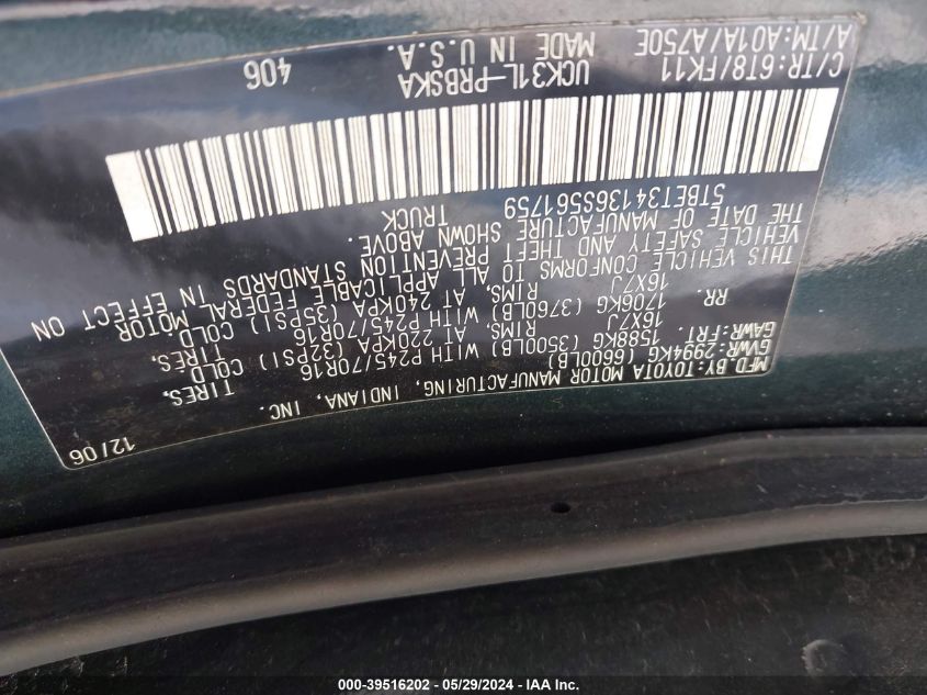 2006 Toyota Tundra Sr5 V8 VIN: 5TBET34136S561759 Lot: 39516202