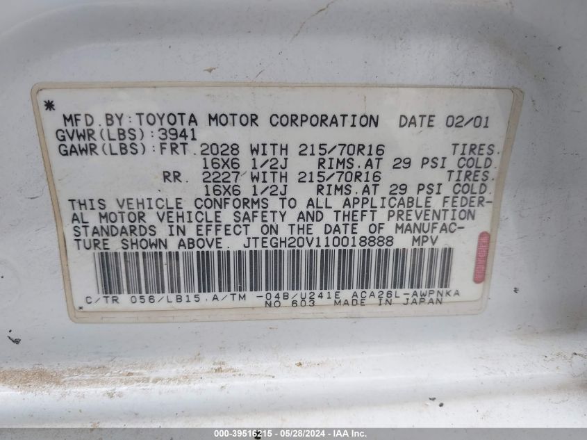 2001 Toyota Rav4 VIN: JTEGH20V110018888 Lot: 39516215