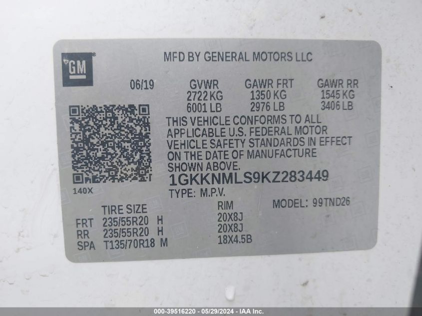 2019 GMC Acadia Slt-1 VIN: 1GKKNMLS9KZ283449 Lot: 39516220