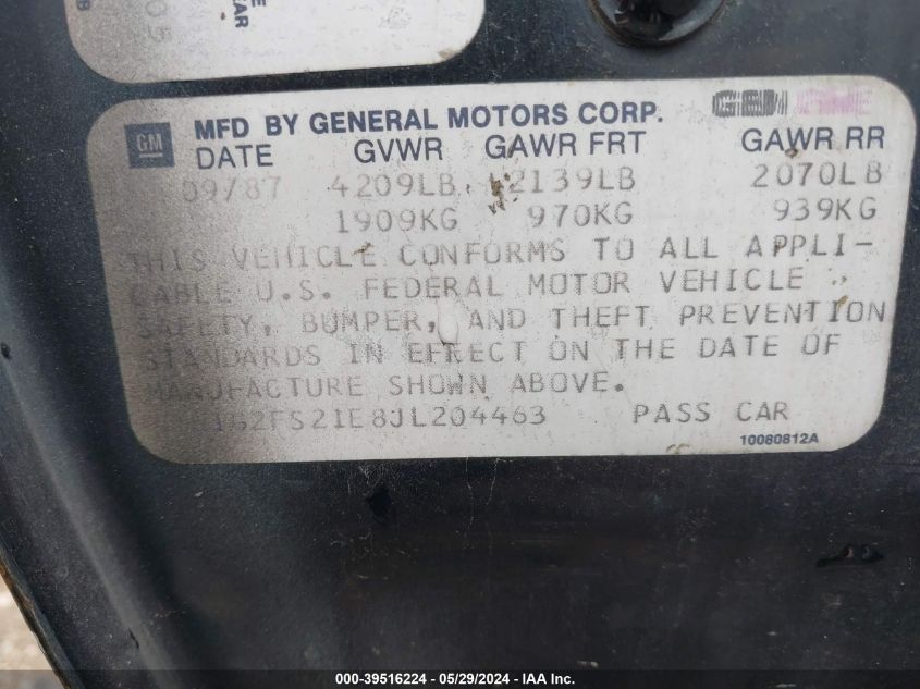 1988 Pontiac Firebird VIN: 1G2FS21E8JL204463 Lot: 39516224