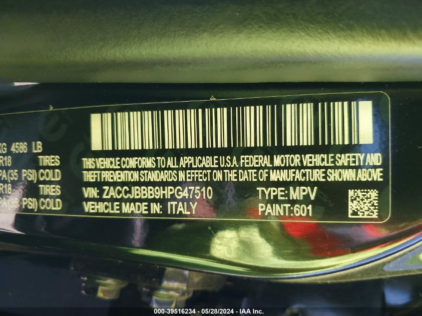 2017 Jeep Renegade Altitude 4X4 VIN: ZACCJBBB9HPG47510 Lot: 39516234